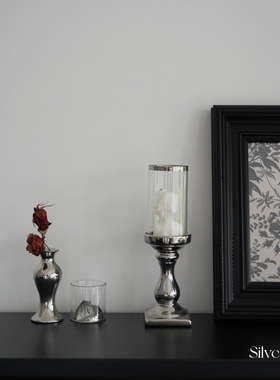 SilverOne欧式玻璃防风蜡烛台银色电镀陶瓷客厅高级简约装饰摆件