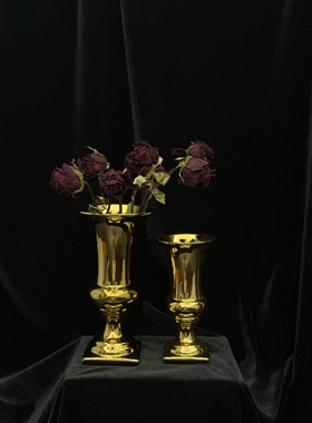 SilverOne欧式大口径花瓶电镀金色简约高脚插花器轻奢华装饰摆件