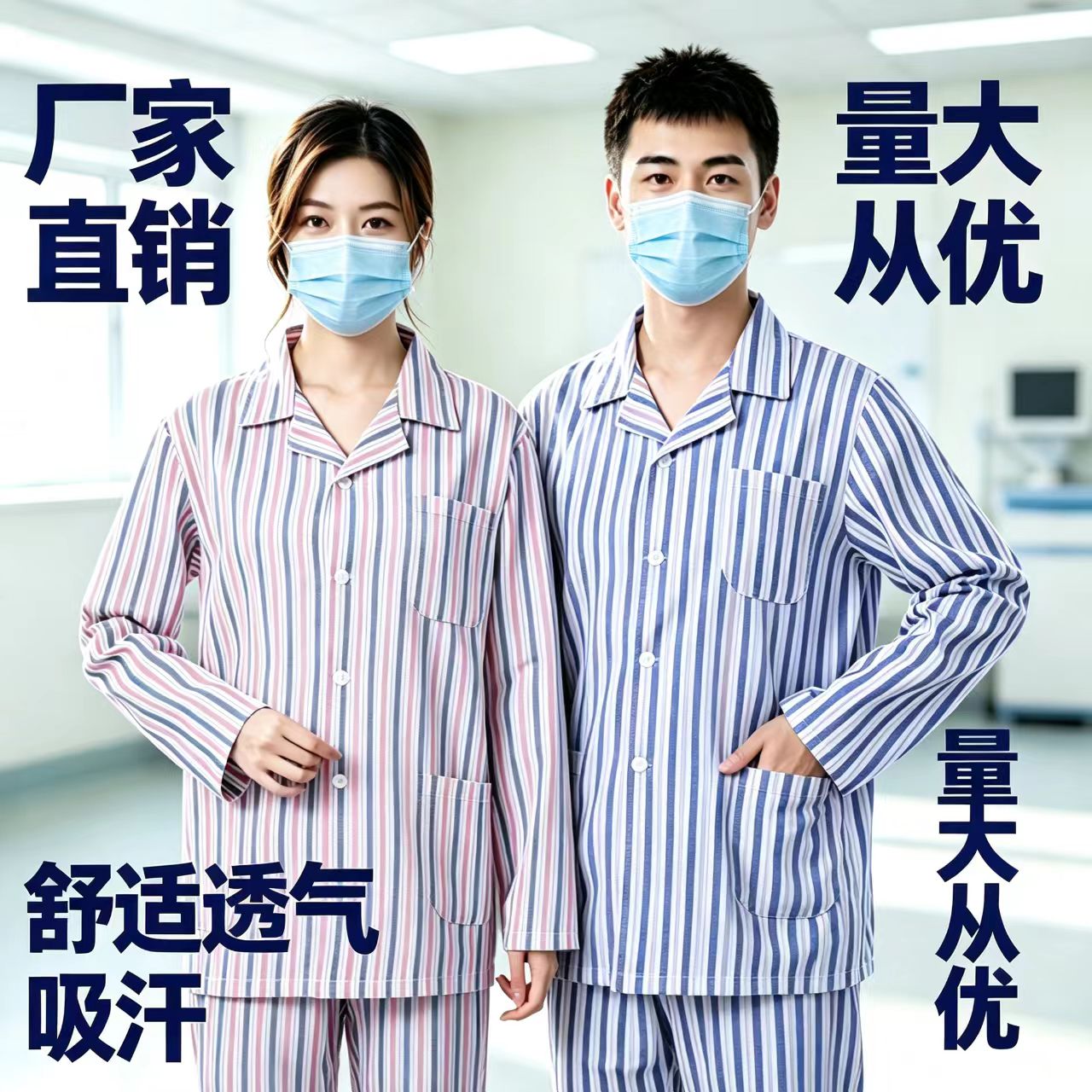 纯棉加厚病号服长袖短袖蓝条粉条