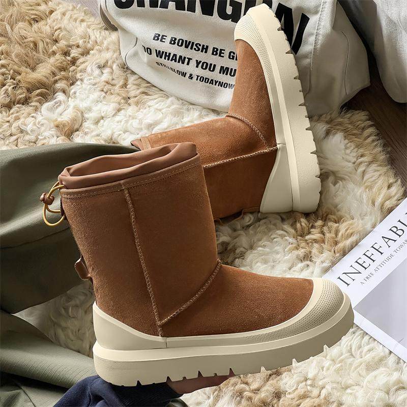 高帮雪地靴男女冬季加绒加厚马丁靴真皮厚底增高情侣款翻毛皮棉鞋