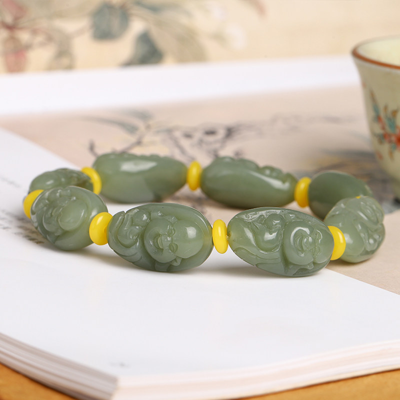 新款和田玉弥勒佛玉手链男士女士笑佛手串玉石佛公玉手链真品玉器