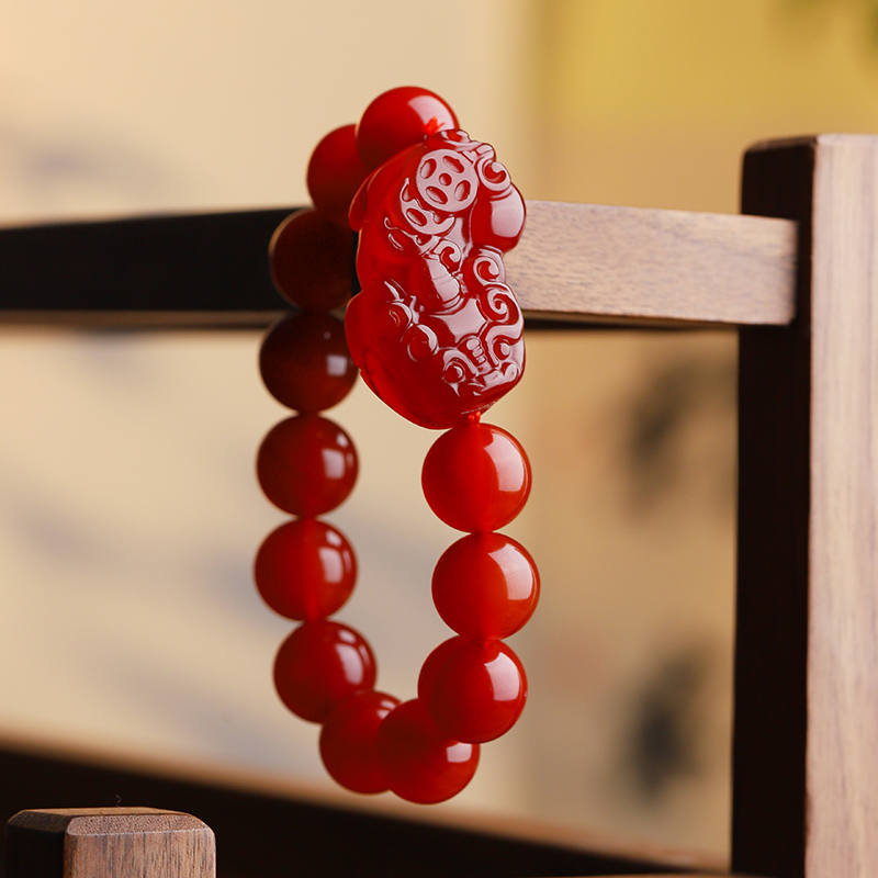 天然真品红玛瑙貔貅手链男士女士圆珠手链玉髓佛珠玉手串玉石玉器