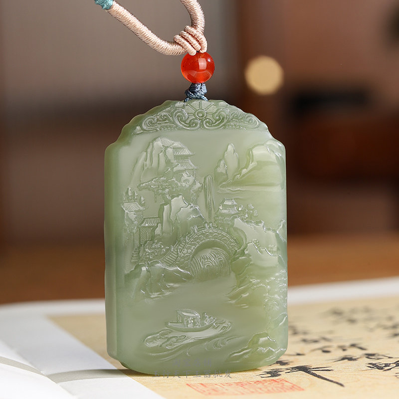 天然真品和田玉山水玉牌子吊坠双面雕刻山水玉项坠男女玉石玉挂件