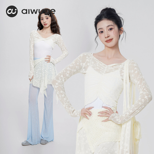 艾舞戈中国古典舞上衣女春秋长袖 白色纱衣舞蹈服练功专用蕾丝罩衫