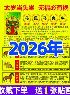 2026年马年太岁本命年属相马鼠兔牛生肖贴画查询表对照表装饰画图