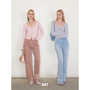 SNT 上身有惊喜 小心机织出纤细腰线的粉色/蓝色 全羊毛针织上衣