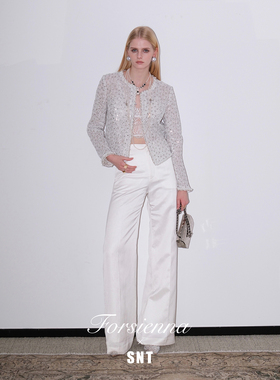 SNT【都市女性穿搭利落王牌】贵气缎光感高腰微喇亚麻长裤