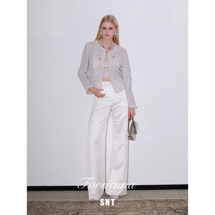 SNT【都市女性穿搭利落王牌】贵气缎光感高腰微喇亚麻长裤