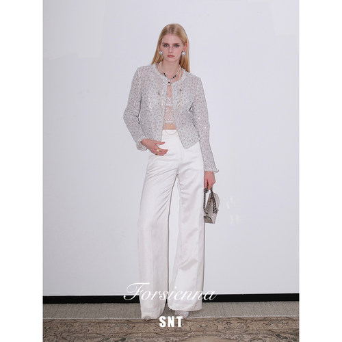 SNT【都市女性穿搭利落王牌】贵气缎光感高腰微喇亚麻长裤