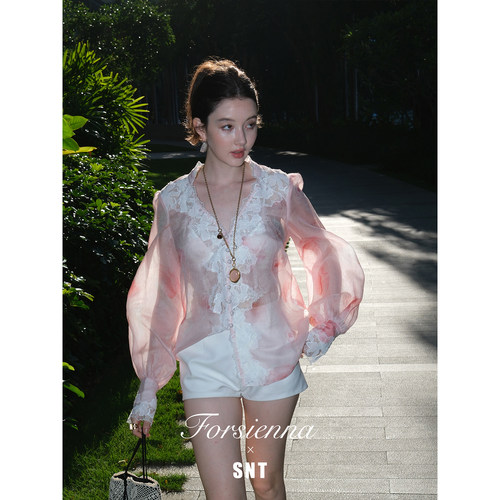 SNT【水墨粉芍药】真丝桑蚕丝亚麻印花重工蕾丝花边宽松长袖衬衫
