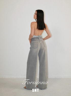 SNT 复古橄榄灰绿 低腰直筒阔腿牛仔裤