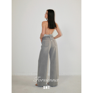 低腰直筒阔腿牛仔裤 SNT 复古橄榄灰绿