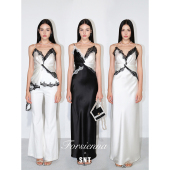 SNT 香槟吊带 香槟轻礼服 缪斯女神 美国进口醋酸黑拼香槟