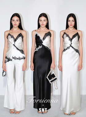 SNT【缪斯女神】美国进口醋酸黑拼香槟/香槟轻礼服/香槟吊带