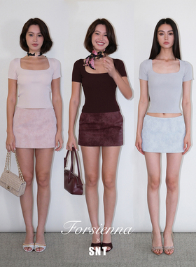 SNT 焦酒红/冰川蓝/蜜桃粉 凉感冰麻方圆领针织上衣