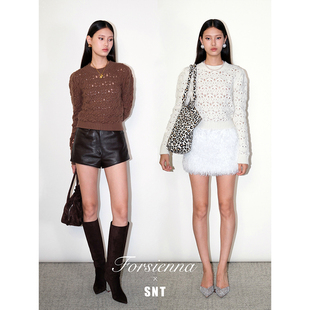 100%羊毛镂空针织圆领毛衣 烟草咖 SNT 奶白