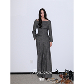 SNT 立体收褶阔腿长裤 权力感套装 复古灰色羊毛斜纹一字肩上衣