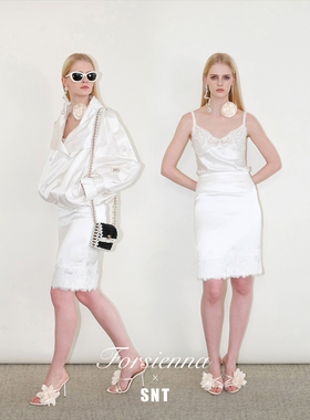 SNT【冷感钓系大美人】优雅蕾丝拼接醋酸吊带半裙套装/珠光感风衣