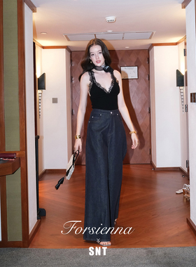 3.26中午12点上新 SNT【复古电影】午夜蓝高腰剪裁宽腿纯棉牛仔裤