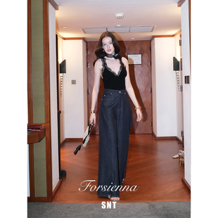 午夜蓝高腰剪裁宽腿纯棉牛仔裤 复古电影 SNT 3.26中午12点上新