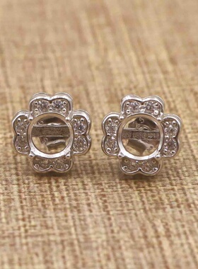 圆形925银戴妃款耳钉空托围锆代裸石镶嵌18k金多规格耳钉首饰空托