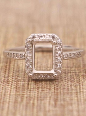 长方形925银戴妃款戒指空托围锆代裸石镶嵌18k金戒指空托活口