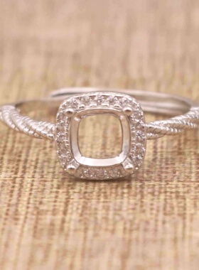 正方形925银戴妃款戒指空托围锆代裸石镶嵌18k金 戒指空托活口