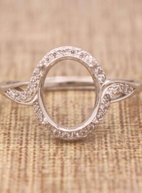 蛋形925银戴妃款戒指空托围锆代裸石镶嵌18k金多规格戒指空托活口