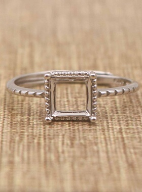 正方形925银戴妃款戒指空托围锆代裸石镶嵌18k金 戒指空托活口