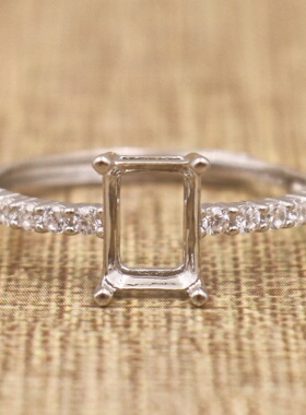 长方形925银戴妃款戒指空托围锆代裸石镶嵌18k金戒指空托活口