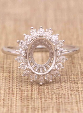 蛋形925银戴妃款戒指空托围锆代裸石镶嵌18k金多规格戒指空托活口