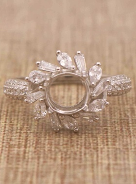 圆形925银戴妃款戒指空托围锆代裸石镶嵌18k金多规格戒指空托活口