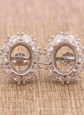 蛋形925银戴妃款耳钉空托围锆代裸石镶嵌18k金多规格耳钉首饰空托