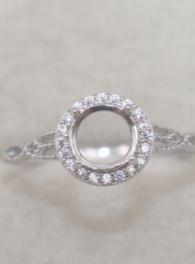 圆形925银戴妃款戒指空托围锆代裸石镶嵌18k金多规格戒指空托活口