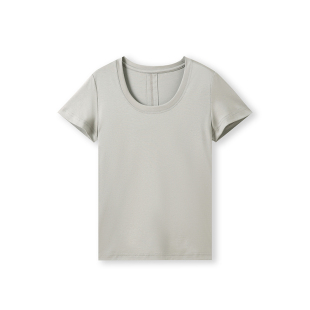 55%进口匹马棉桑蚕丝后拼四针六线U领女百搭上衣T恤 云栖麻语