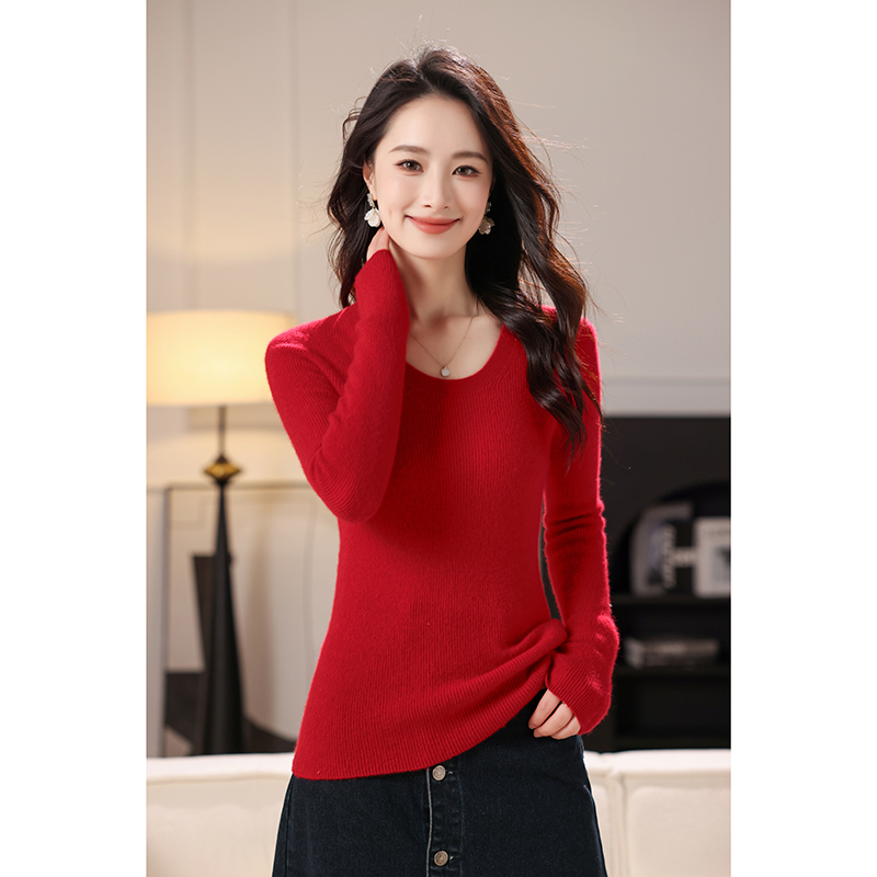 【锦色微澜】秋冬新荃羊绒U领坑条长袖针织套衫女叠穿佰搭上衣