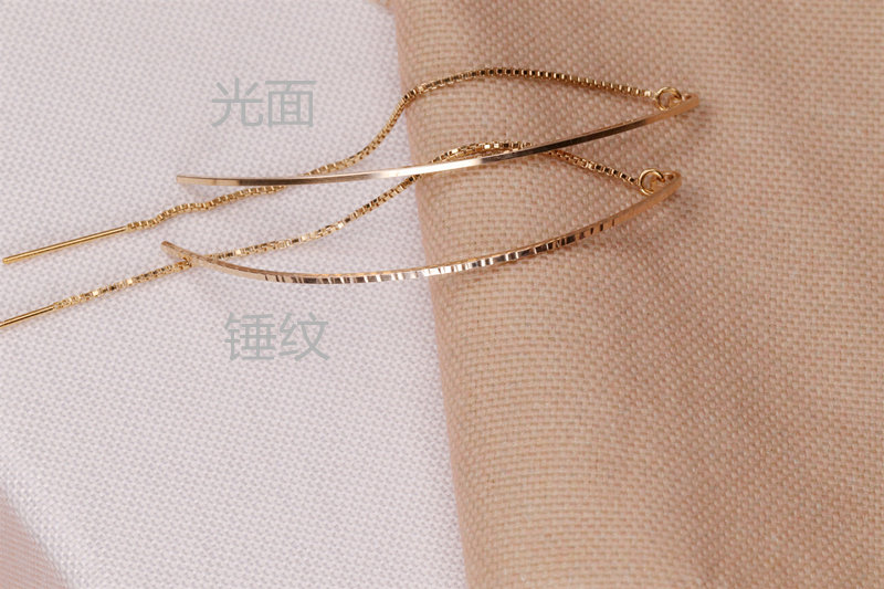 新品14K包金925银玫瑰金方线D字型耳线锤面流苏长款耳坠淑女耳环