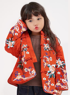 2024年新款重工刺绣唐装女童中国风国潮喜庆夹棉棉服红色拜年服装