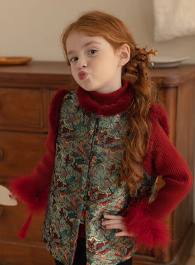 女童新中式夹棉马甲2024冬季拜年服儿童国风复古提花唐装旗袍背心