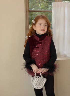 儿童冬装新中式盘扣拼接亮片马甲女童2024新款复古国风鸵鸟毛坎肩