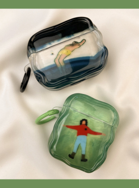 绿底草坪躺平油画airpods4保护套airpod3适用苹果pro耳机壳二代无线蓝牙1第三代aipods2代airpodpro五代5四代