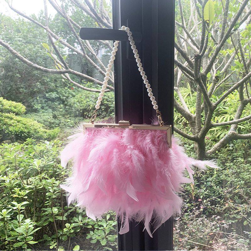 毛欧美手拿火鸡珍珠斜挎 女包晚宴包毛跨境冬季链条鸵鸟单肩新款