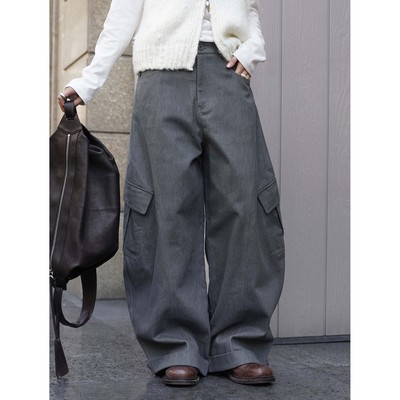 卢浮冬季新款韩系时髦工装风侧口袋抓毛弯刀休闲裤廓形宽松长裤