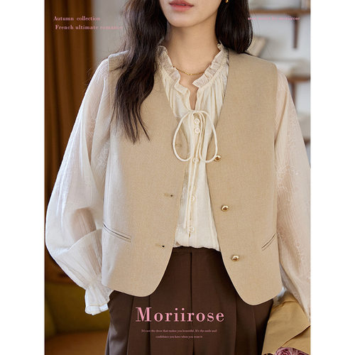 Moriirose 浅卡其色v领金扣短款开衫背心马甲女秋季叠穿西装马夹