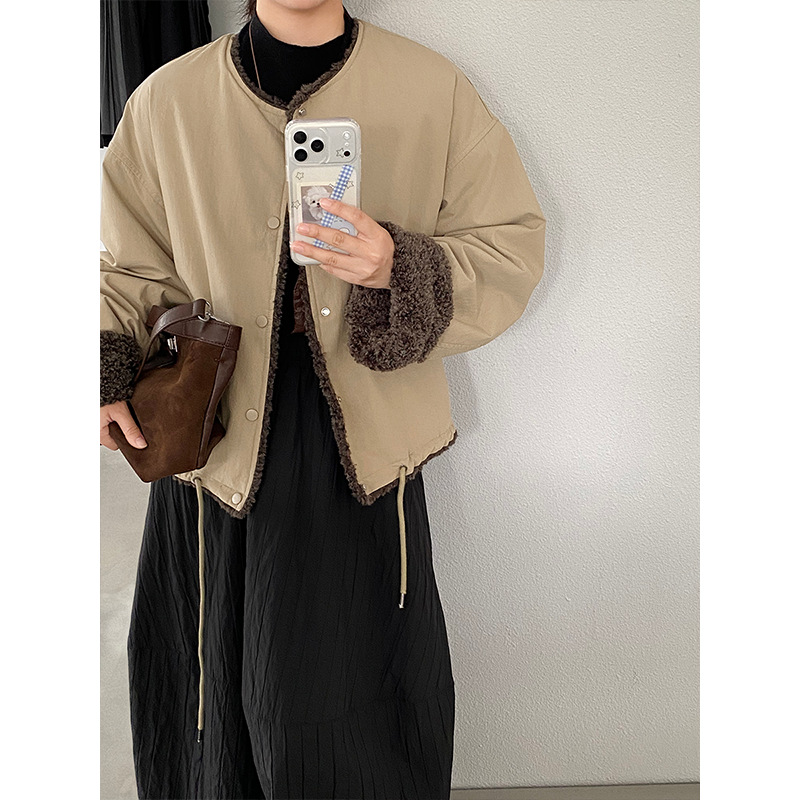 羊羔毛外套拼接韩抽绳棉服女