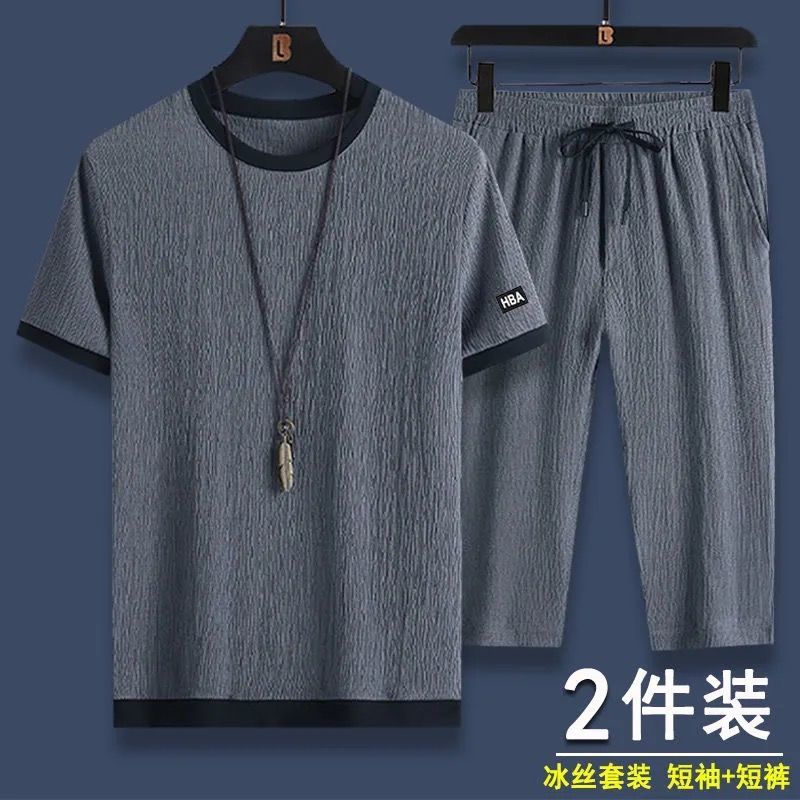 夏季冰丝套装男宽松大码休闲运动青年潮牌亚麻短袖七分裤两件套