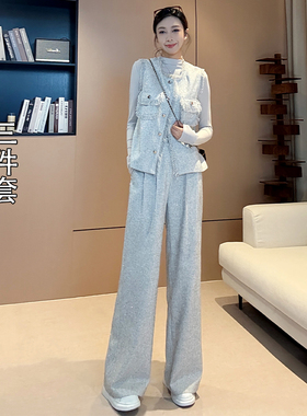 DPLJ高个子加长月落星河套装小香风气质T恤马甲阔腿裤三件套L338