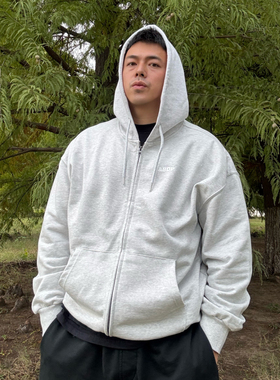 ABDP美式纯色运动休闲毛圈连帽宽松拉链情侣夹克式boxy卫衣外套