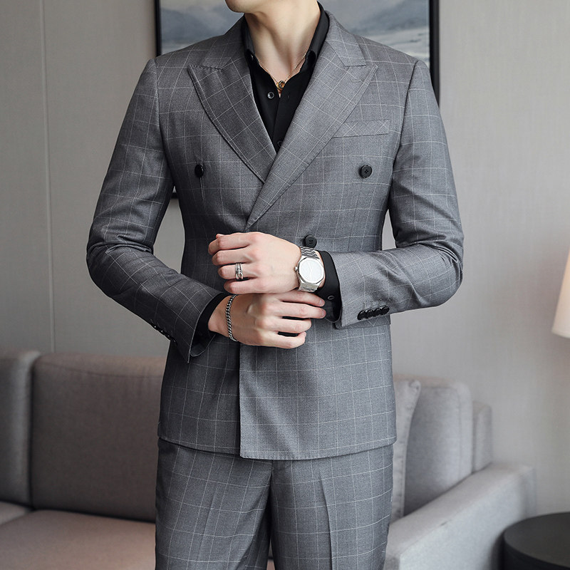 模特图-新款男士西服套装商务休闲格子西装二件套LJT6037P240,男装西服套装,电商D216
