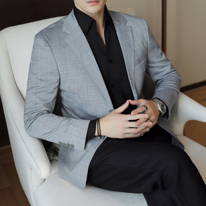 人模图2025新款男士休闲西服时尚修身西装格子单西外套DX6935P165图片